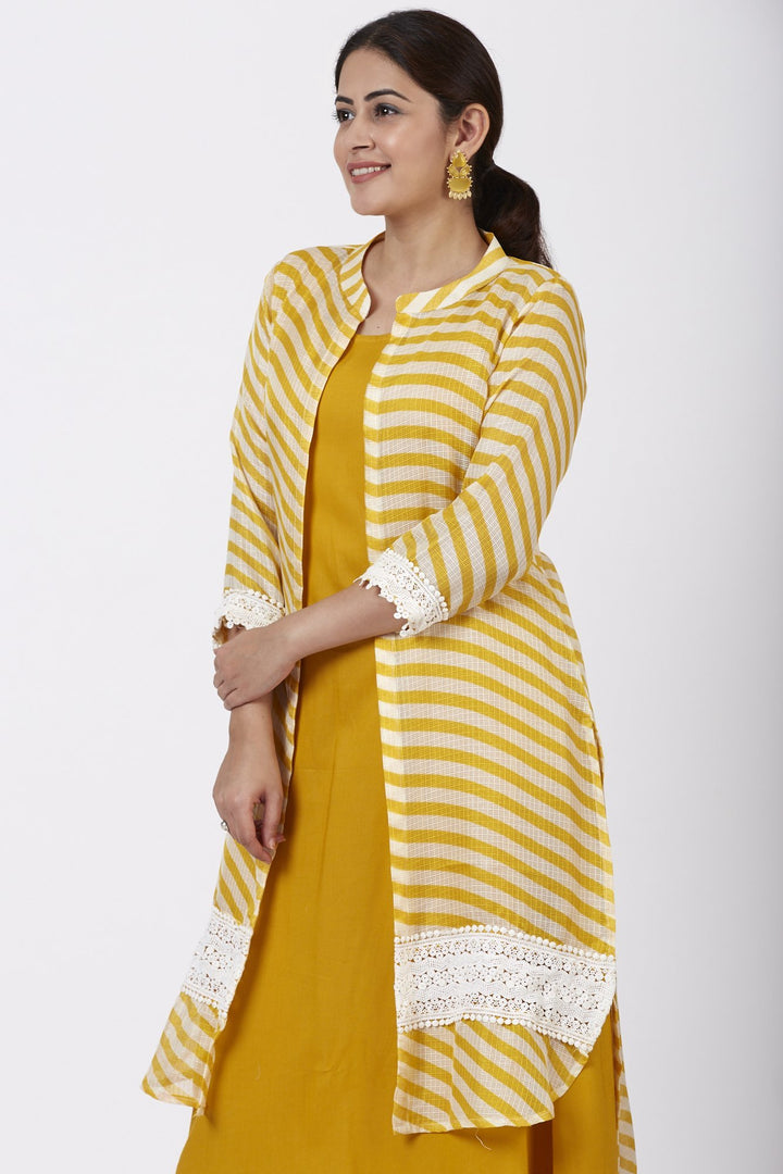 anokherang Combos Mustard Yellow A-Line Kurti with Crochet Jacket and Straight Pants