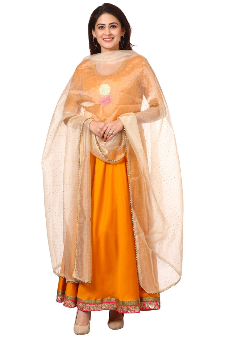 anokherang Combos Mustard Yellow Floor-Length Kurti with Golden Polka Dot Foil Beaded Organza Dupatta