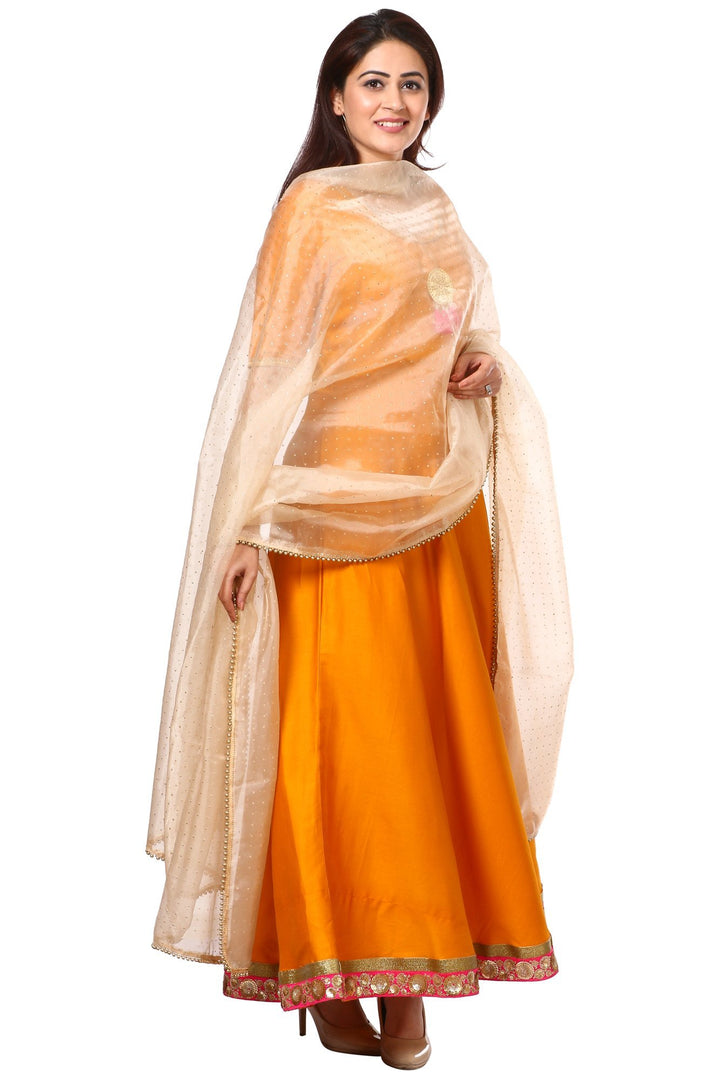 anokherang Combos Mustard Yellow Floor-Length Kurti with Golden Polka Dot Foil Beaded Organza Dupatta