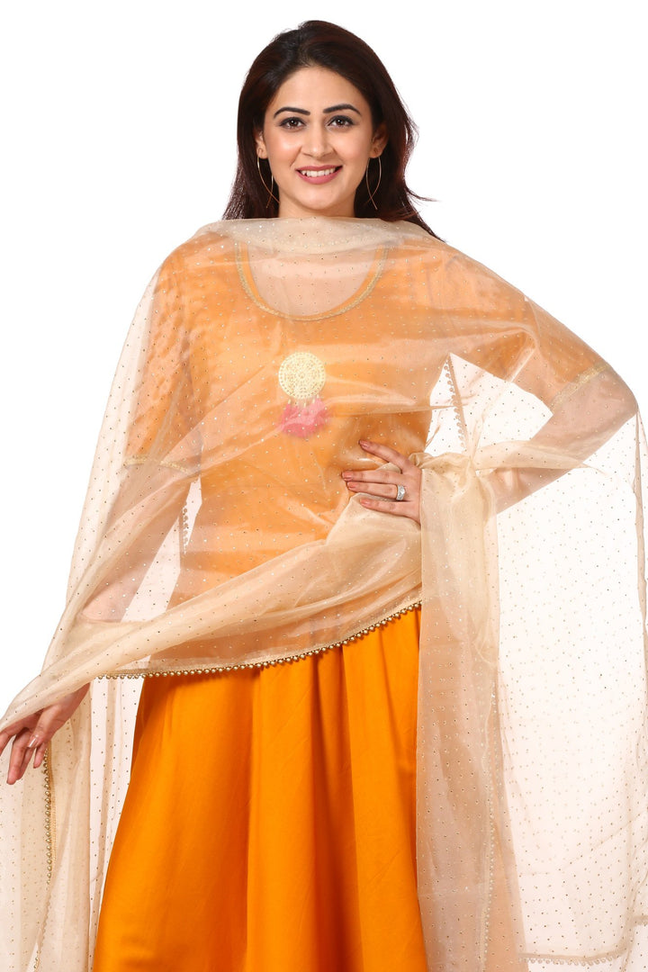 anokherang Combos Mustard Yellow Floor-Length Kurti with Golden Polka Dot Foil Beaded Organza Dupatta