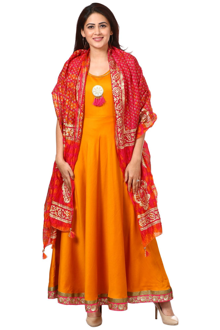 anokherang Combos Mustard Yellow Floor-Length Kurti with Magenta Orange Tie and Dye Paisley Foil Dupatta