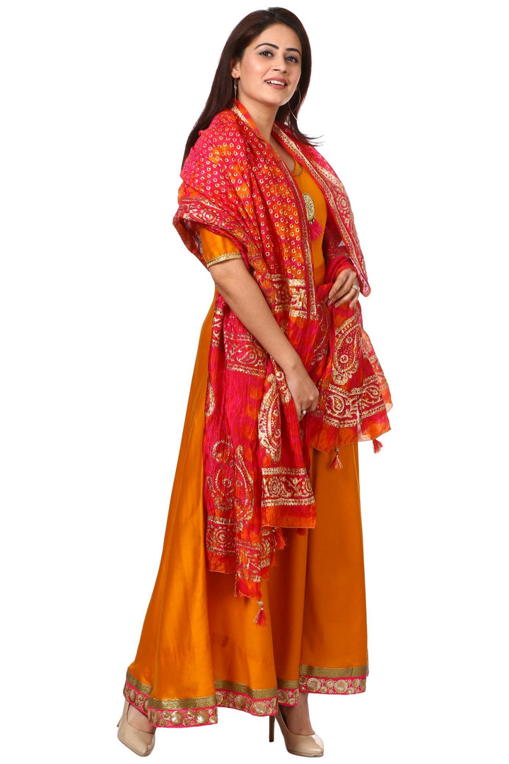 anokherang Combos Mustard Yellow Floor-Length Kurti with Magenta Orange Tie and Dye Paisley Foil Dupatta