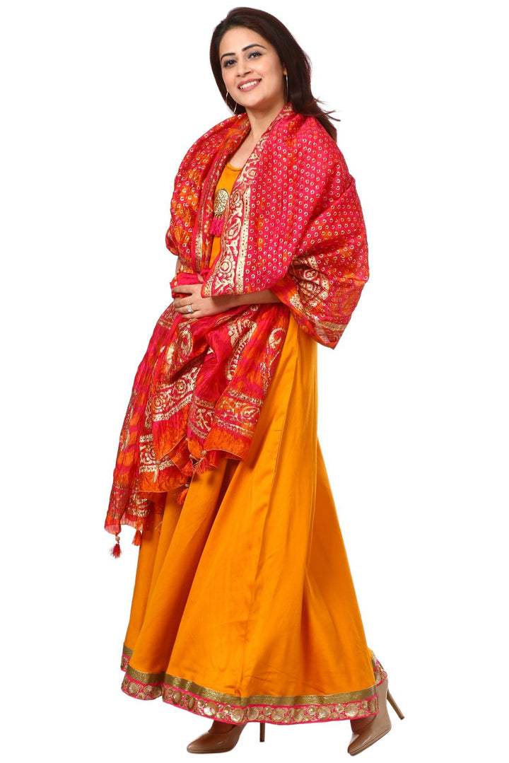 anokherang Combos Mustard Yellow Floor-Length Kurti with Magenta Orange Tie and Dye Paisley Foil Dupatta