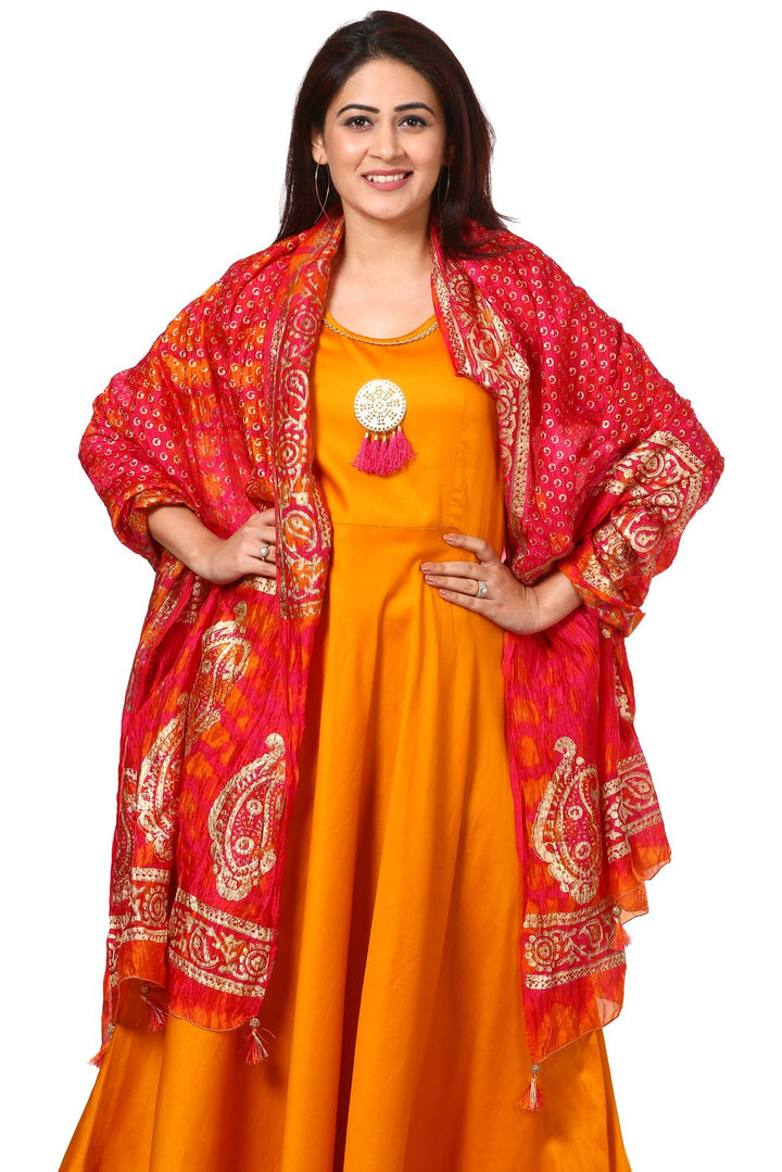 anokherang Combos Mustard Yellow Floor-Length Kurti with Magenta Orange Tie and Dye Paisley Foil Dupatta