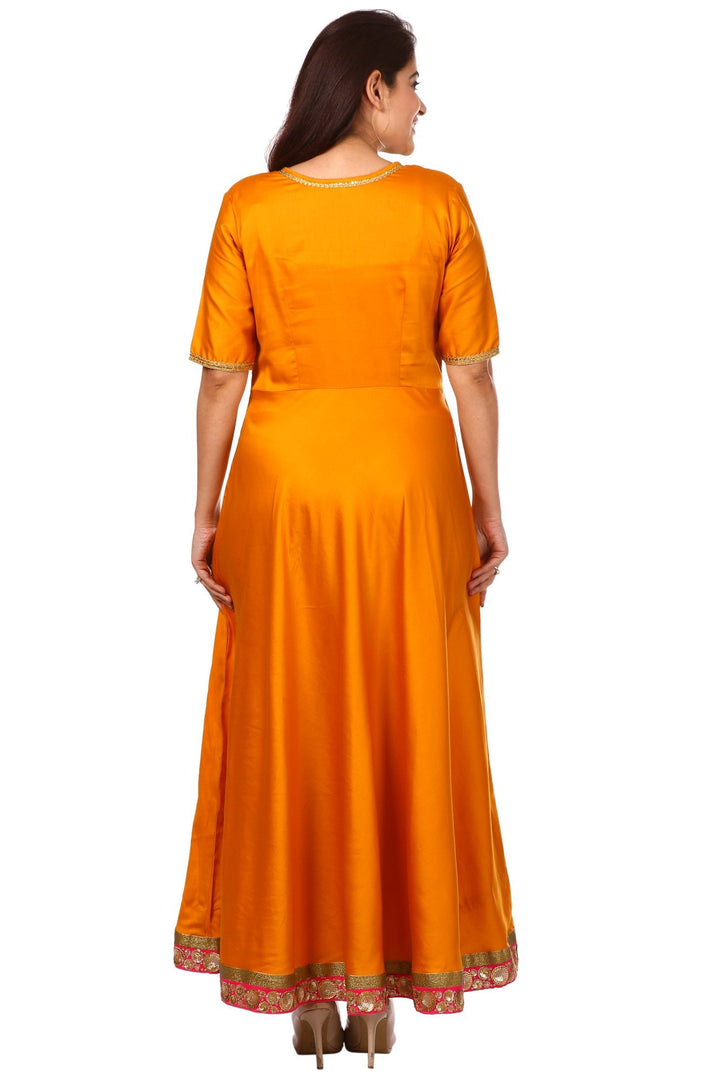 anokherang Combos Mustard Yellow Floor-Length Kurti with Magenta Orange Tie and Dye Paisley Foil Dupatta