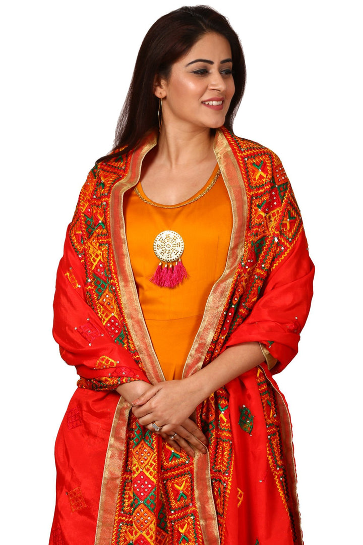 anokherang Combos Mustard Yellow Floor-Length Kurti with Red Diamond Mokaish Phulkari Dupatta
