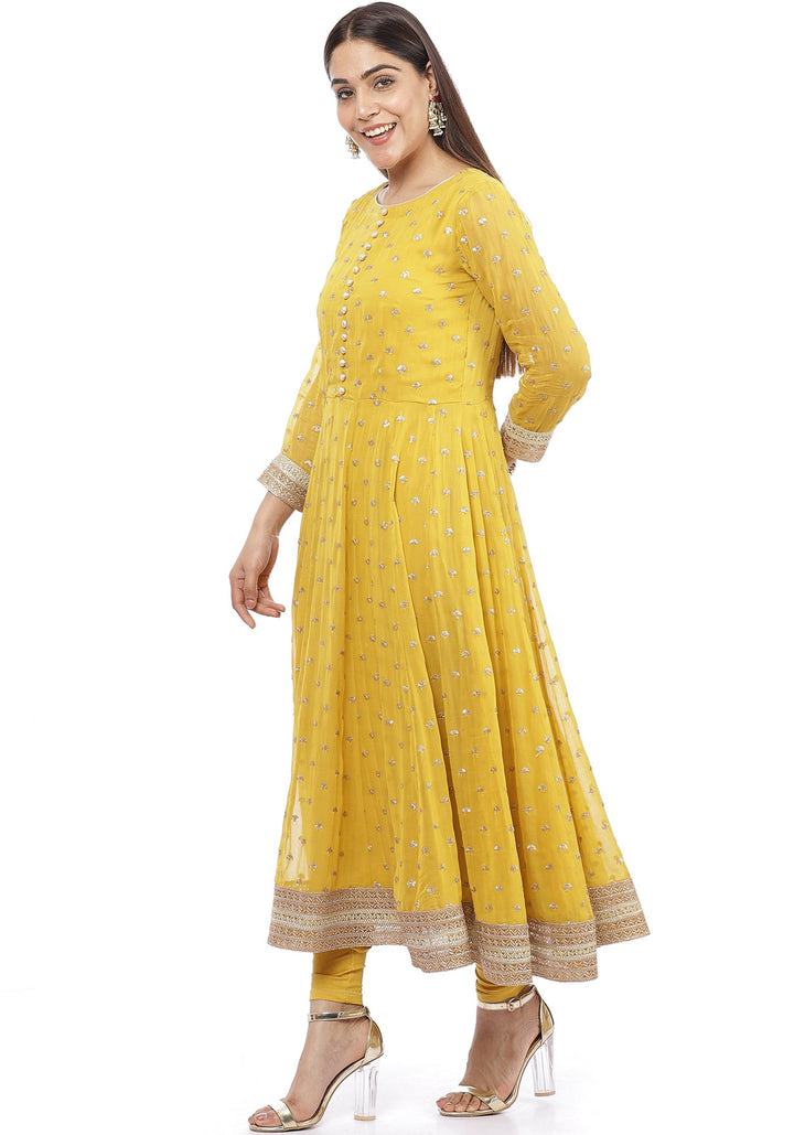 anokherang Combos Mustard Yellow Sequence Anarkali with Churidaar