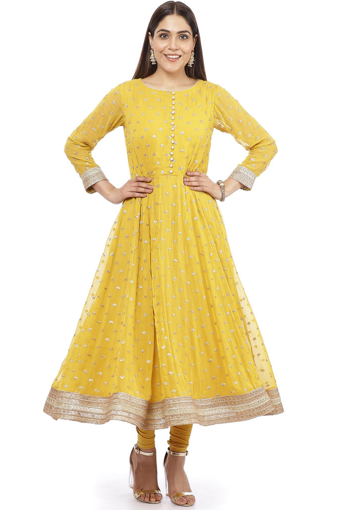 anokherang Combos Mustard Yellow Sequence Anarkali with Churidaar