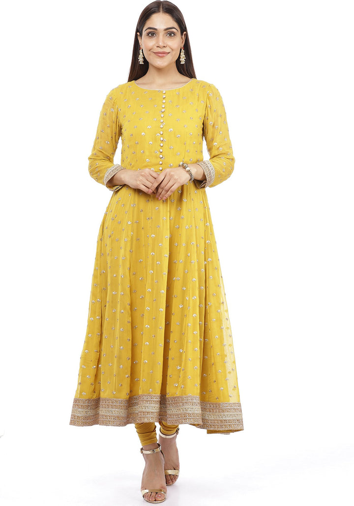 anokherang Combos Mustard Yellow Sequence Anarkali with Churidaar
