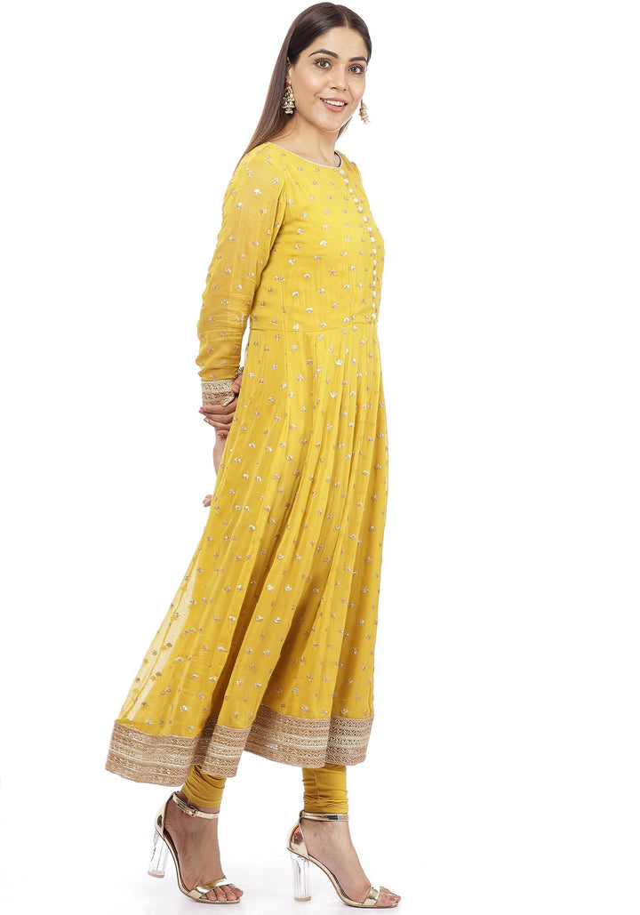 anokherang Combos Mustard Yellow Sequence Anarkali with Churidaar