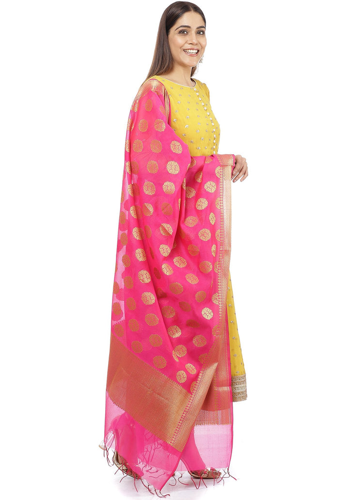 anokherang Combos Mustard Yellow Sequence Anarkali with Churidaar and Pink Banarsi Dupatta