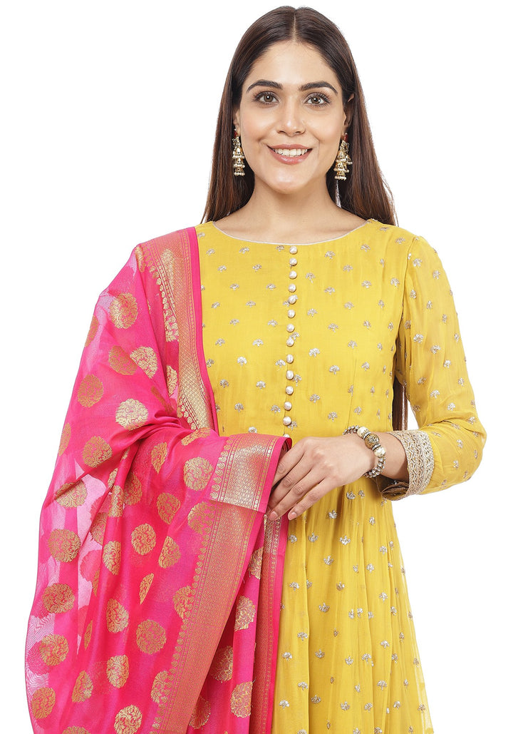 anokherang Combos Mustard Yellow Sequence Anarkali with Churidaar and Pink Banarsi Dupatta
