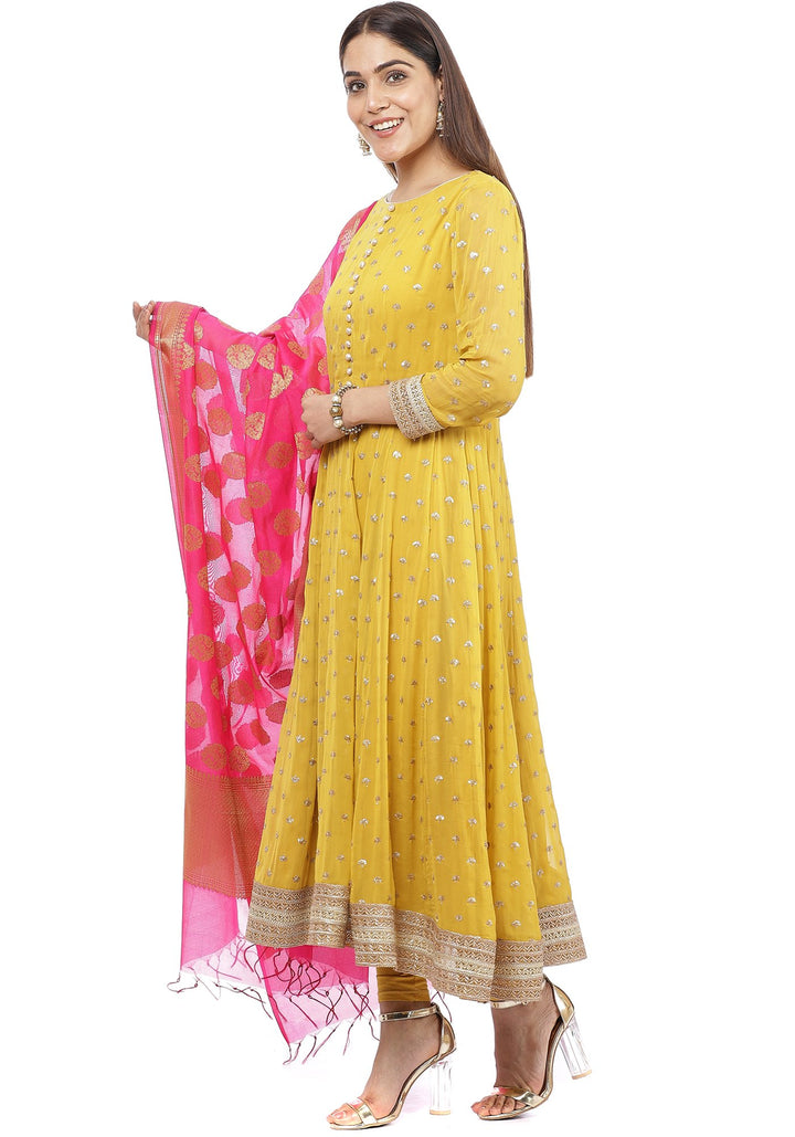 anokherang Combos Mustard Yellow Sequence Anarkali with Churidaar and Pink Banarsi Dupatta