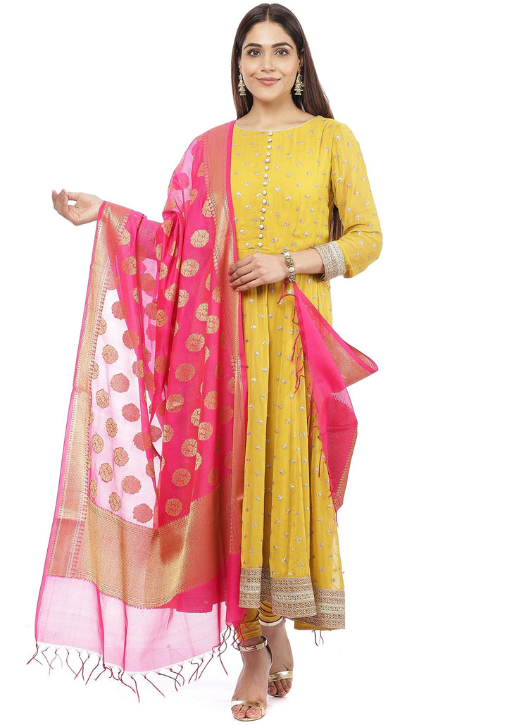 anokherang Combos Mustard Yellow Sequence Anarkali with Churidaar and Pink Banarsi Dupatta