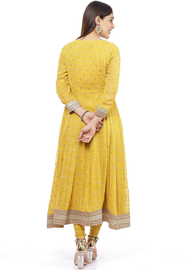 anokherang Combos Mustard Yellow Sequence Anarkali with Churidaar and Pink Banarsi Dupatta