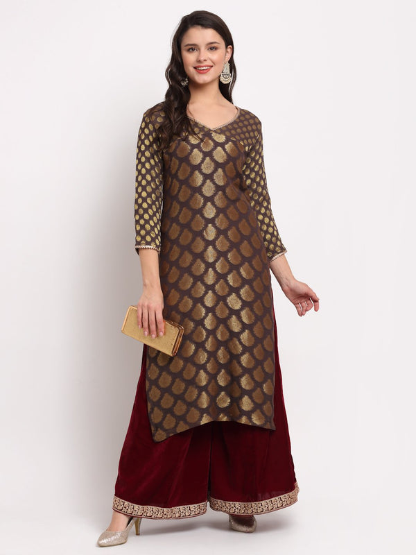 anokherang Combos Mystical Grey Georgette Banarsi Kurti With Maroon Velvet Palazzo
