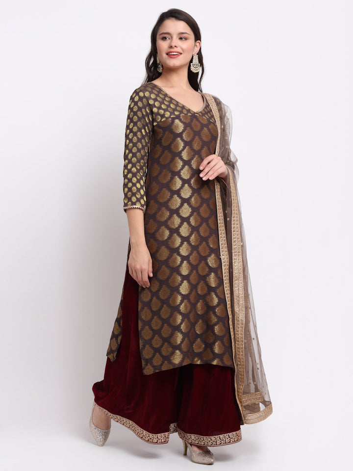 anokherang Combos Mystical Grey Georgette Banarsi Kurti With Maroon Velvet Palazzo and Sequin Dupatta