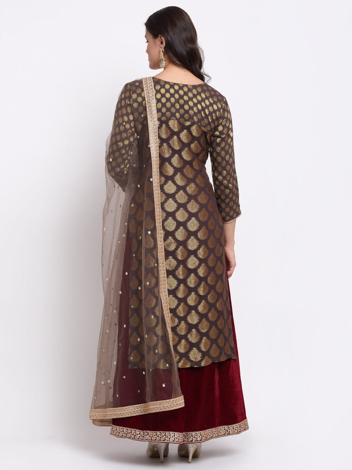 anokherang Combos Mystical Grey Georgette Banarsi Kurti With Maroon Velvet Palazzo and Sequin Dupatta