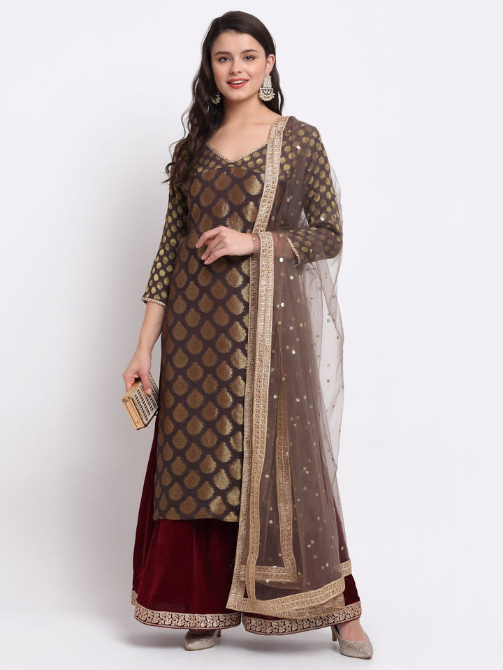 anokherang Combos Mystical Grey Georgette Banarsi Kurti With Maroon Velvet Palazzo and Sequin Dupatta