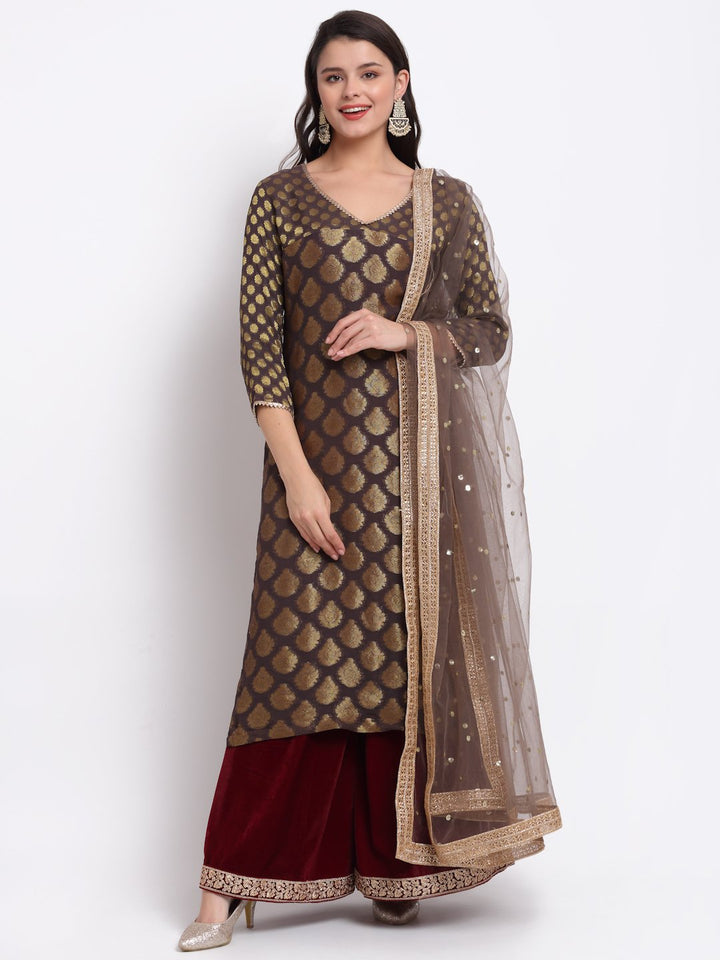 anokherang Combos Mystical Grey Georgette Banarsi Kurti With Maroon Velvet Palazzo and Sequin Dupatta