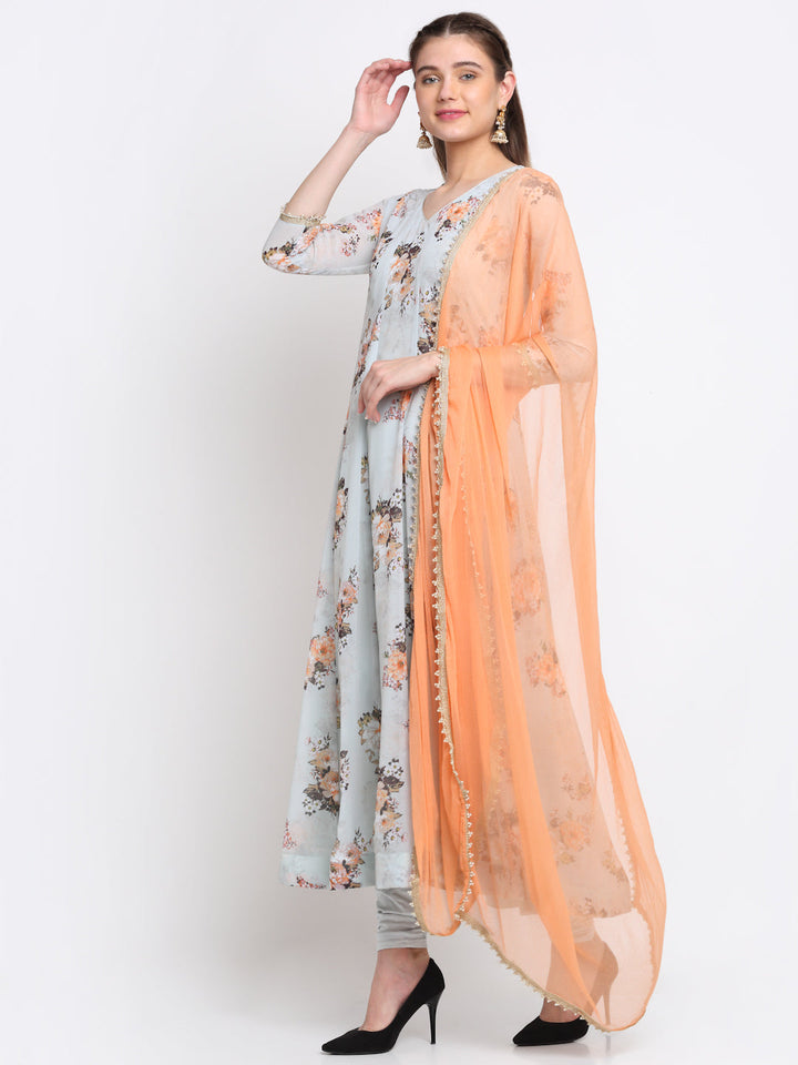 anokherang Combos Mystical Peach Floral Anarkali with Churidaar and Chiffon Dupatta