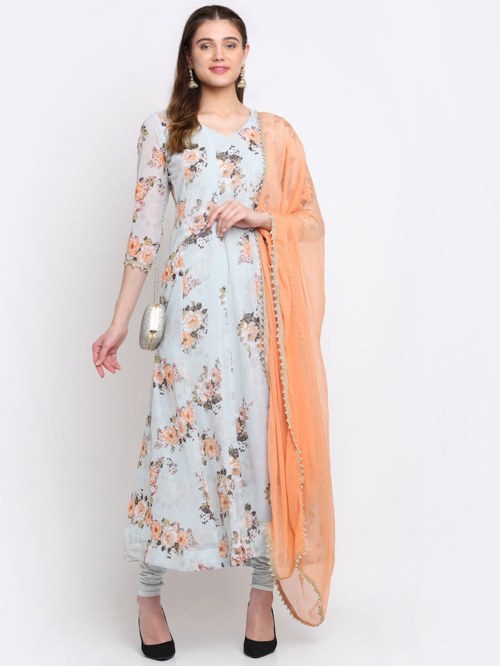 anokherang Combos Mystical Peach Floral Anarkali with Churidaar and Chiffon Dupatta