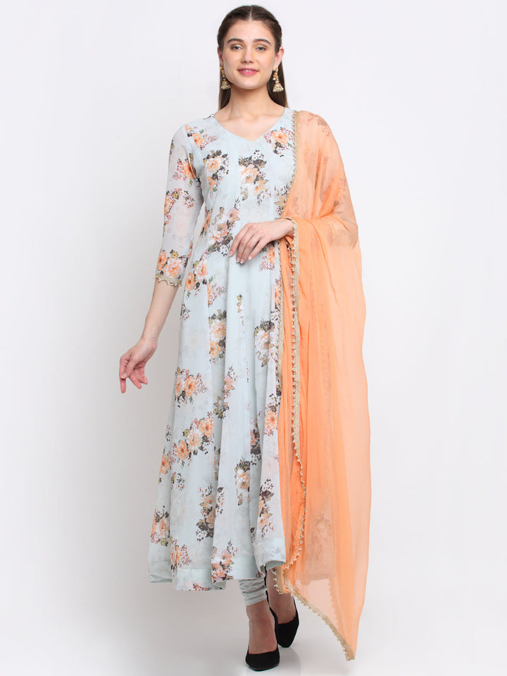 anokherang Combos Mystical Peach Floral Anarkali with Churidaar and Chiffon Dupatta