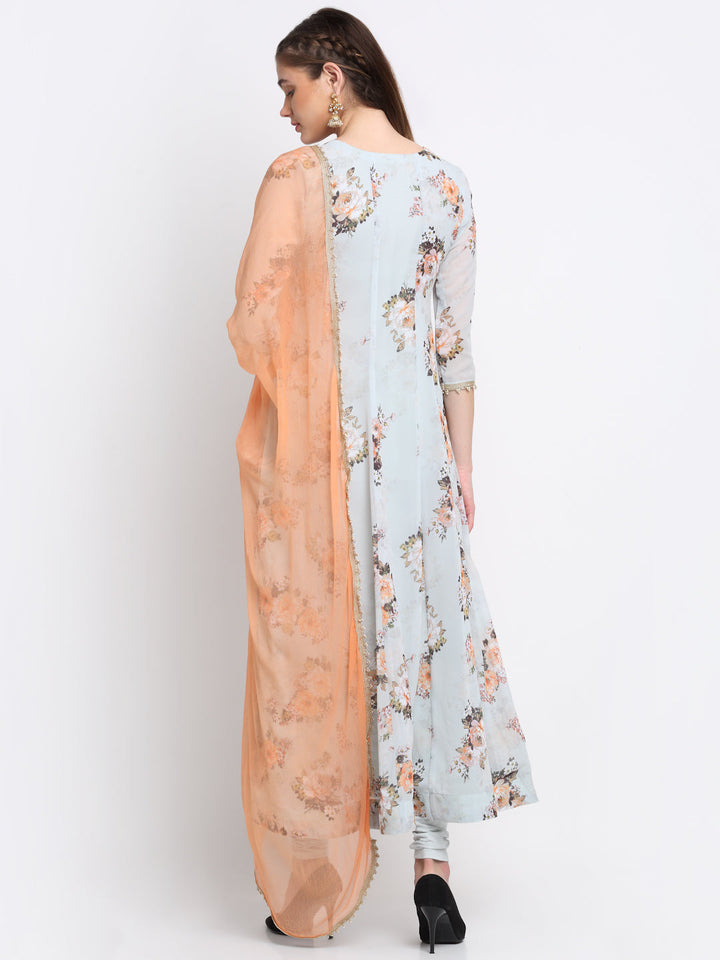 anokherang Combos Mystical Peach Floral Anarkali with Churidaar and Chiffon Dupatta