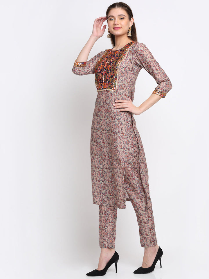 anokherang Combos Natural Beige Floral Printed Straight Kurti With Pants