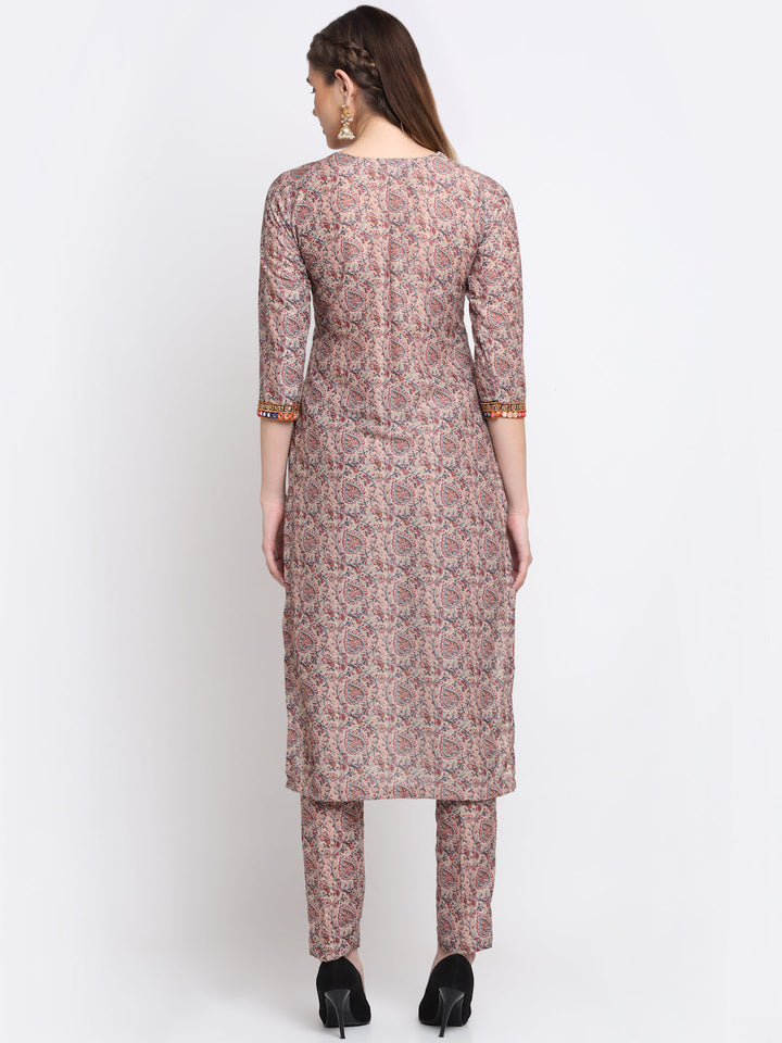 anokherang Combos Natural Beige Floral Printed Straight Kurti With Pants