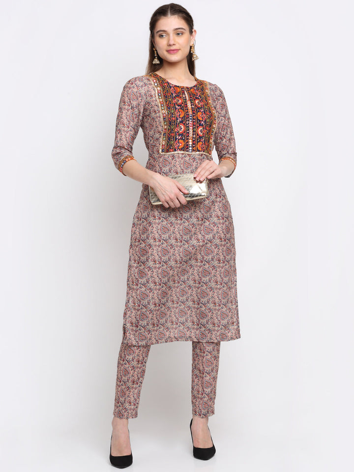 anokherang Combos Natural Beige Floral Printed Straight Kurti With Pants