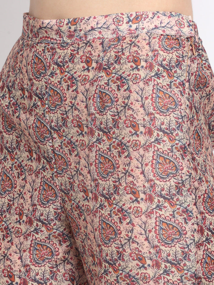 anokherang Combos Natural Beige Floral Printed Straight Kurti With Pants