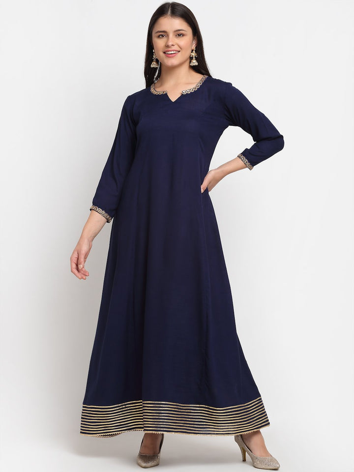 anokherang Combos Natural Navy Blue Gota Embroidered Floor Length Kurti