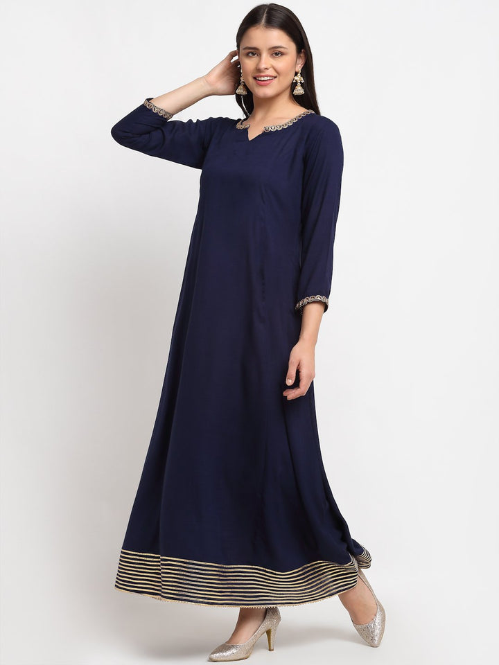 anokherang Combos Natural Navy Blue Gota Embroidered Floor Length Kurti