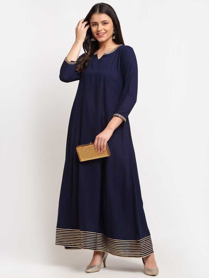 anokherang Combos Natural Navy Blue Gota Embroidered Floor Length Kurti