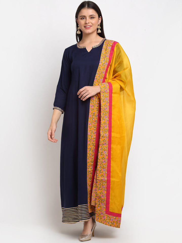 anokherang Combos Natural Navy Blue Gota Embroidered Floor Length Kurti and Organza Dupatta