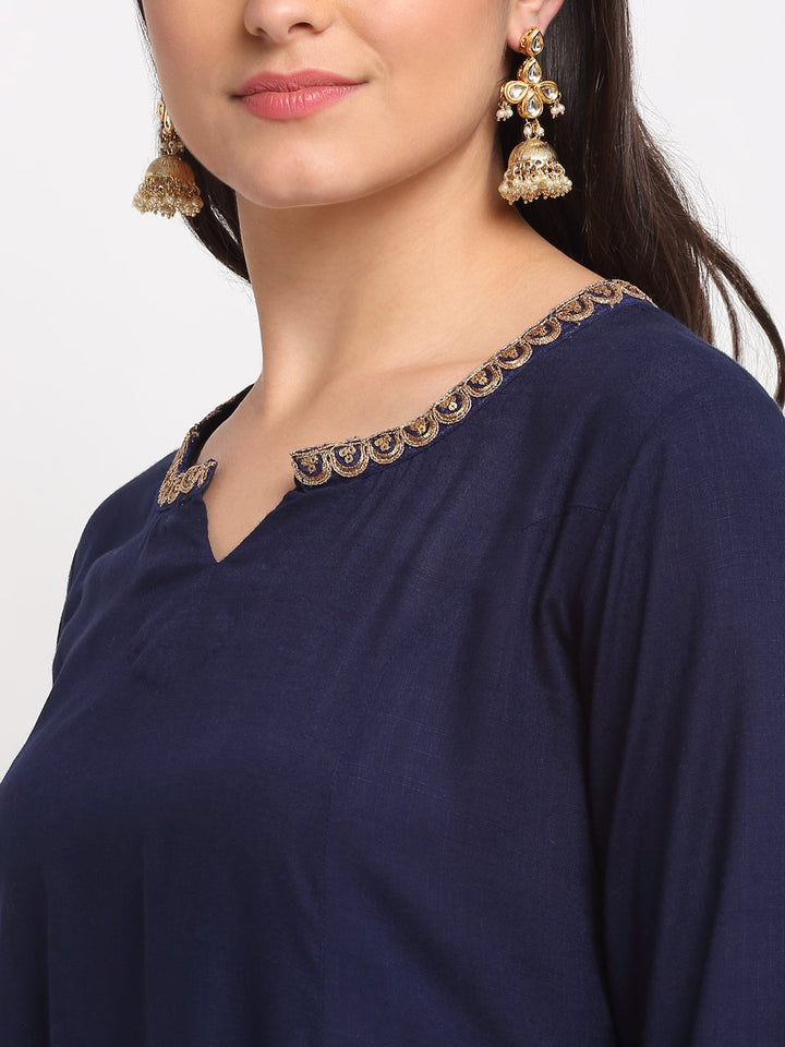 anokherang Combos Natural Navy Blue Gota Embroidered Floor Length Kurti and Organza Dupatta