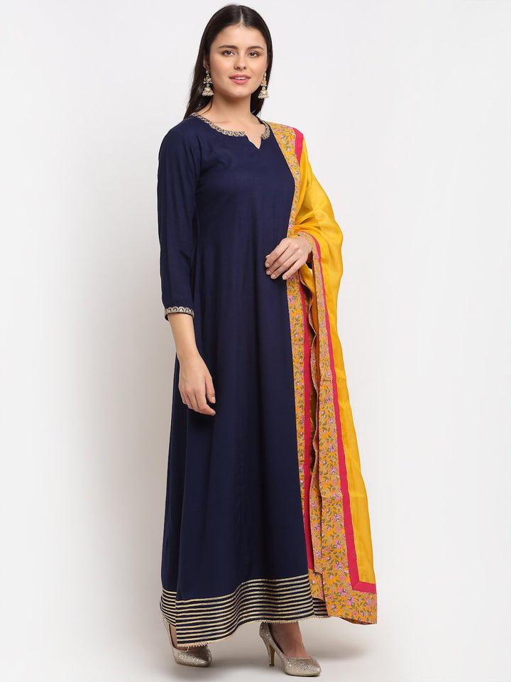 anokherang Combos Natural Navy Blue Gota Embroidered Floor Length Kurti and Organza Dupatta