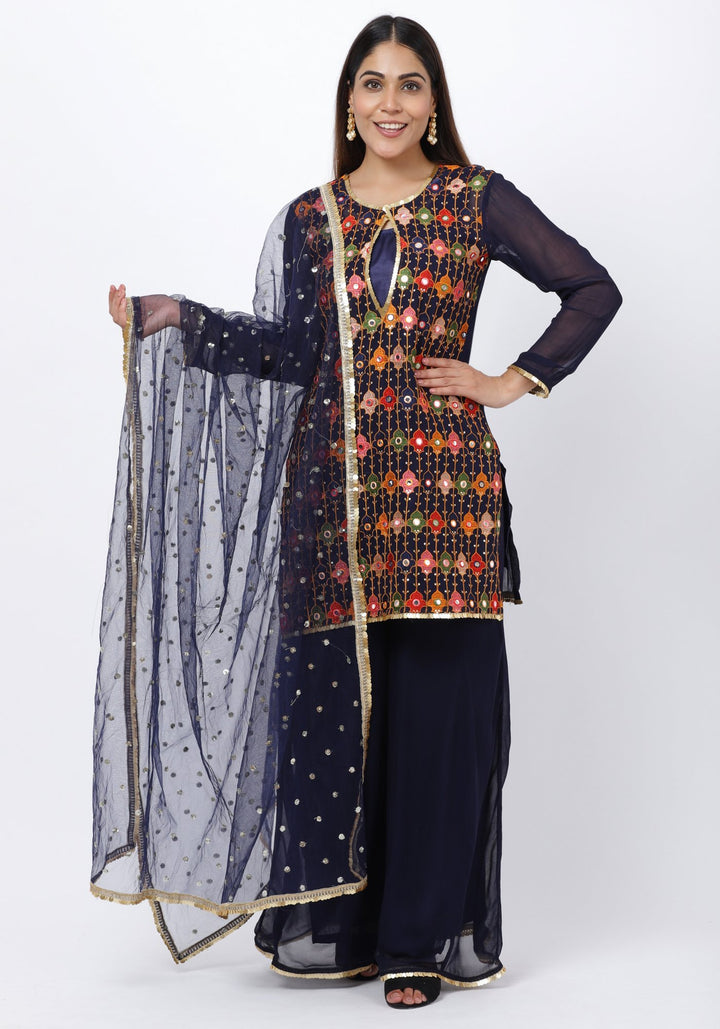anokherang Combos Navy Blue Embroidered Short Kurti and Kalidaar Palazzos and Sequenced Dupatat