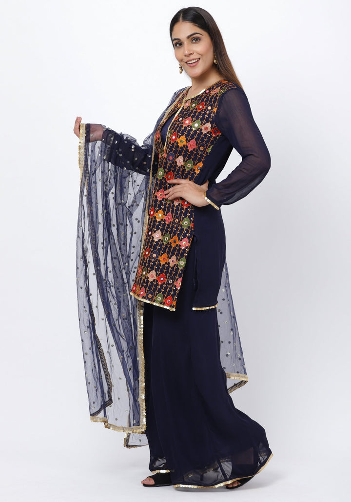 anokherang Combos Navy Blue Embroidered Short Kurti and Kalidaar Palazzos and Sequenced Dupatat