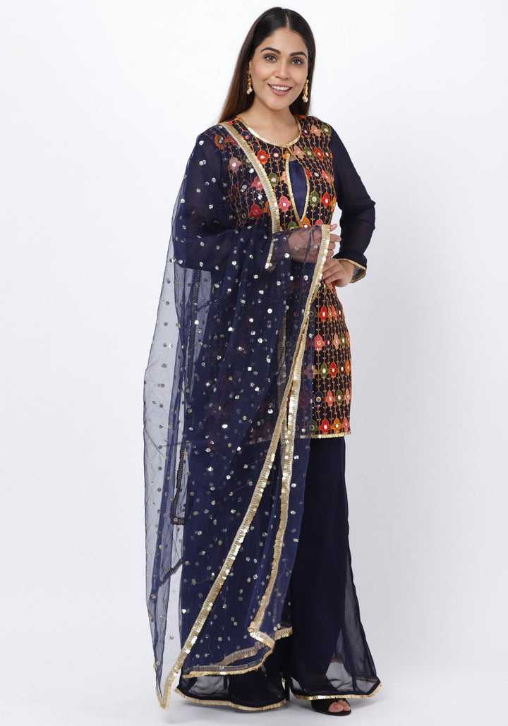 anokherang Combos Navy Blue Embroidered Short Kurti and Kalidaar Palazzos and Sequenced Dupatat
