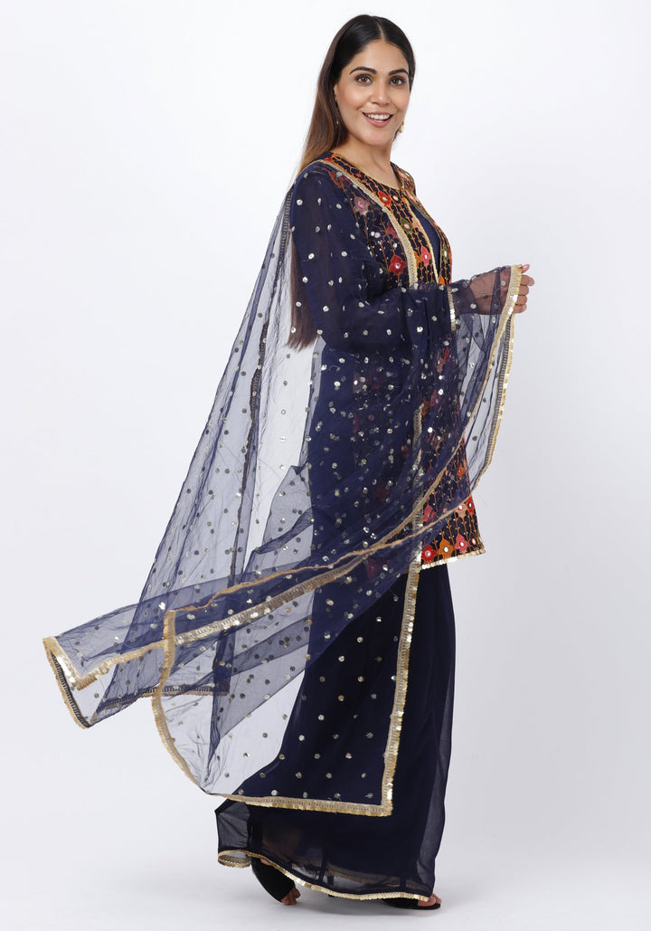 anokherang Combos Navy Blue Embroidered Short Kurti and Kalidaar Palazzos and Sequenced Dupatat