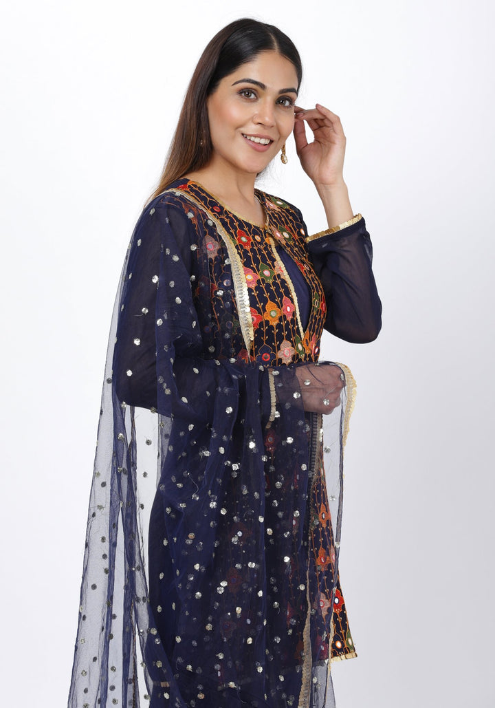 anokherang Combos Navy Blue Embroidered Short Kurti and Kalidaar Palazzos and Sequenced Dupatat