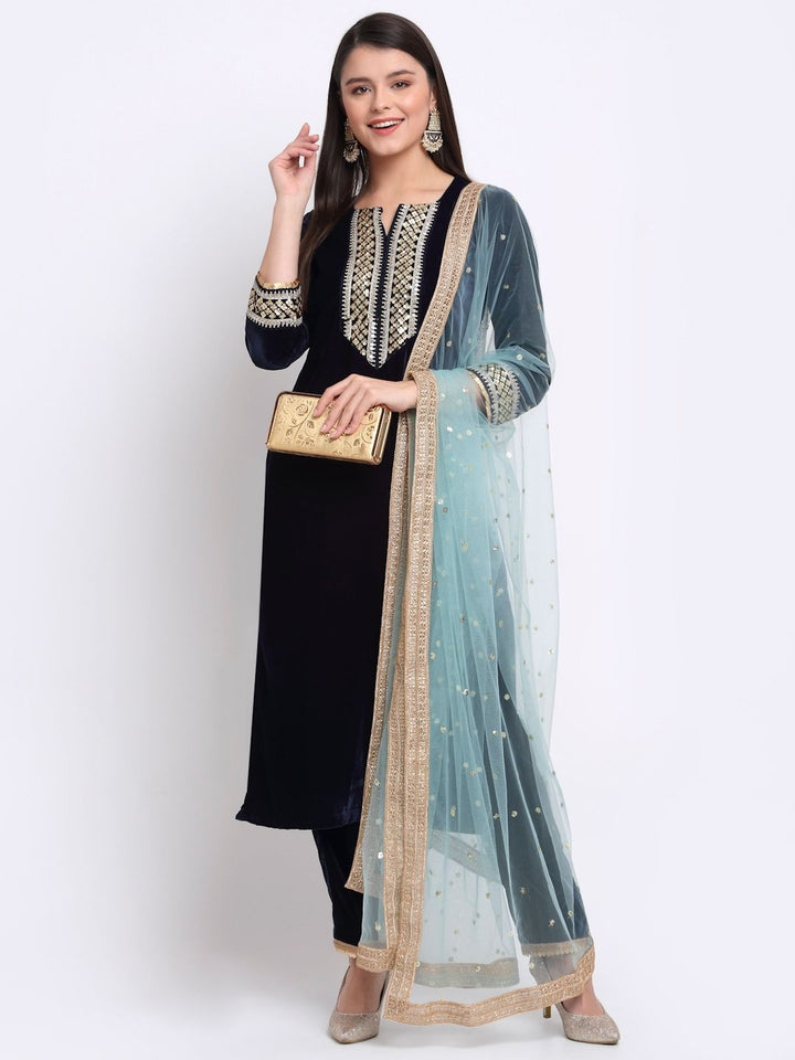 anokherang Combos Navy Blue Festive Velvet Straight Kurti With Pants and Sequin Dupatta