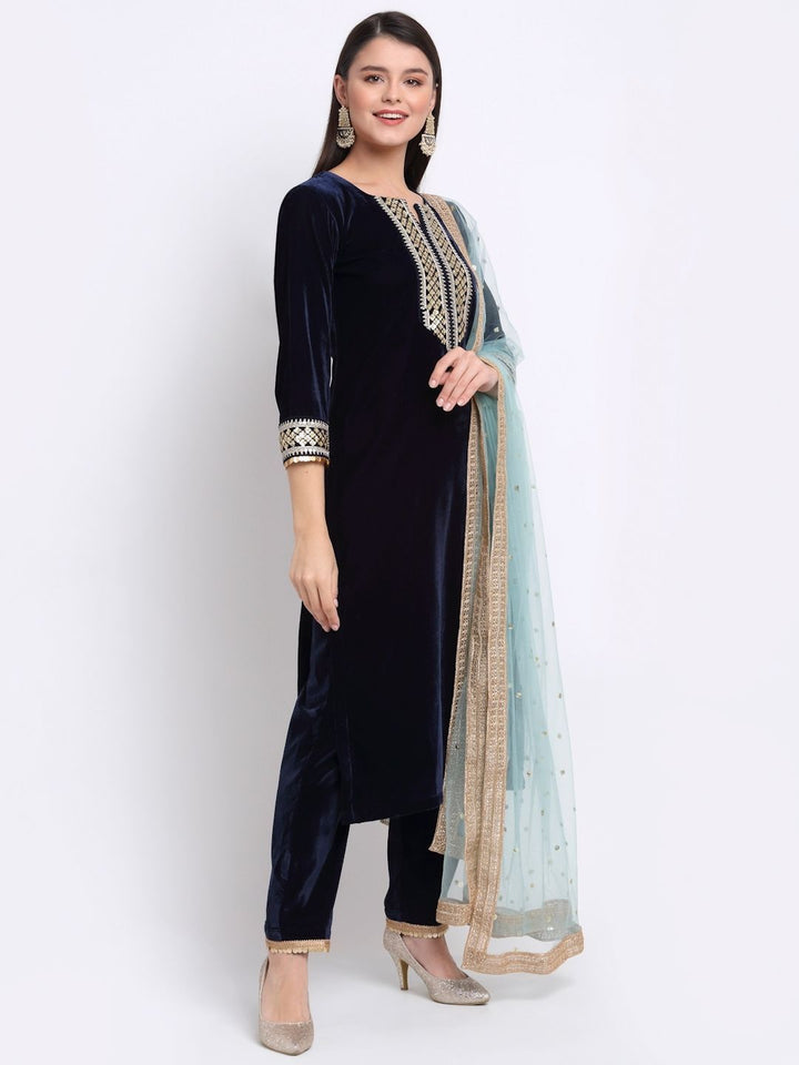 anokherang Combos Navy Blue Festive Velvet Straight Kurti With Pants and Sequin Dupatta