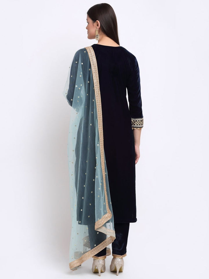 anokherang Combos Navy Blue Festive Velvet Straight Kurti With Pants and Sequin Dupatta