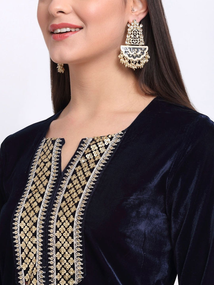 anokherang Combos Navy Blue Festive Velvet Straight Kurti With Pants and Sequin Dupatta