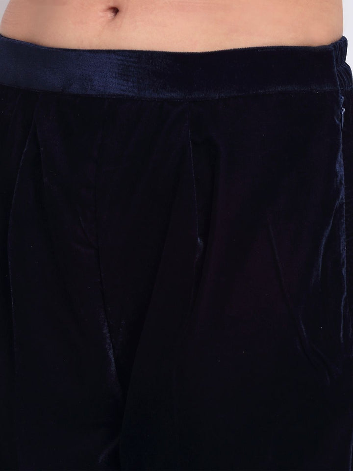 anokherang Combos Navy Blue Festive Velvet Straight Kurti With Pants and Sequin Dupatta