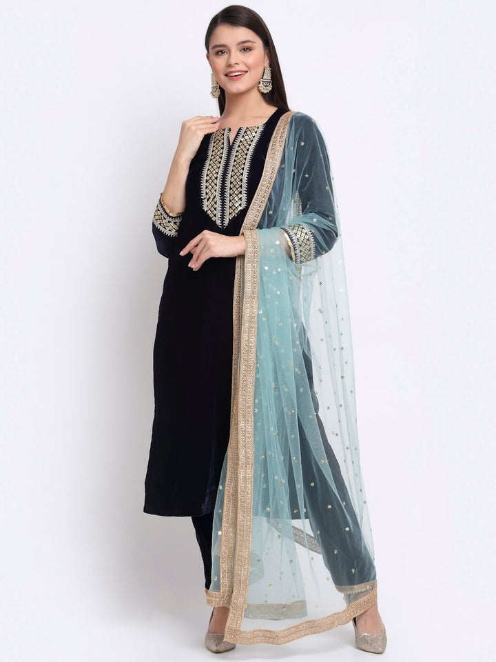 anokherang Combos Navy Blue Festive Velvet Straight Kurti With Pants and Sequin Dupatta