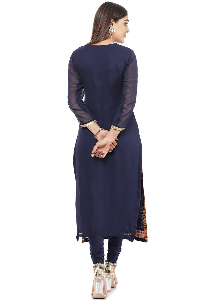 anokherang Combos Navy Blue Mirror Embroidered Kurti with Churidaar and  Jhilmil Dupatta